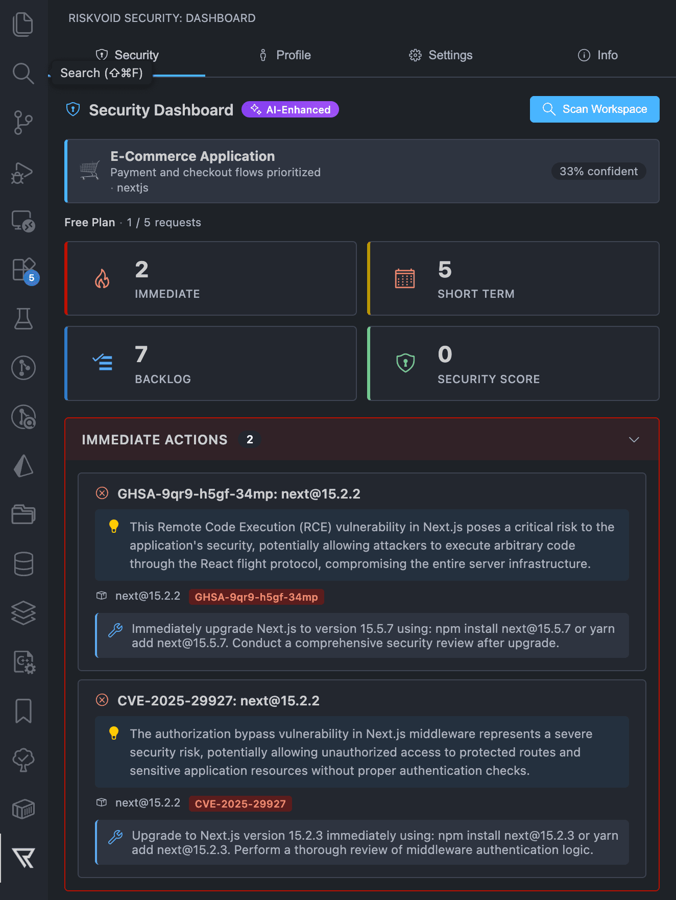RiskVoid VS Code Extension - Security dashboard